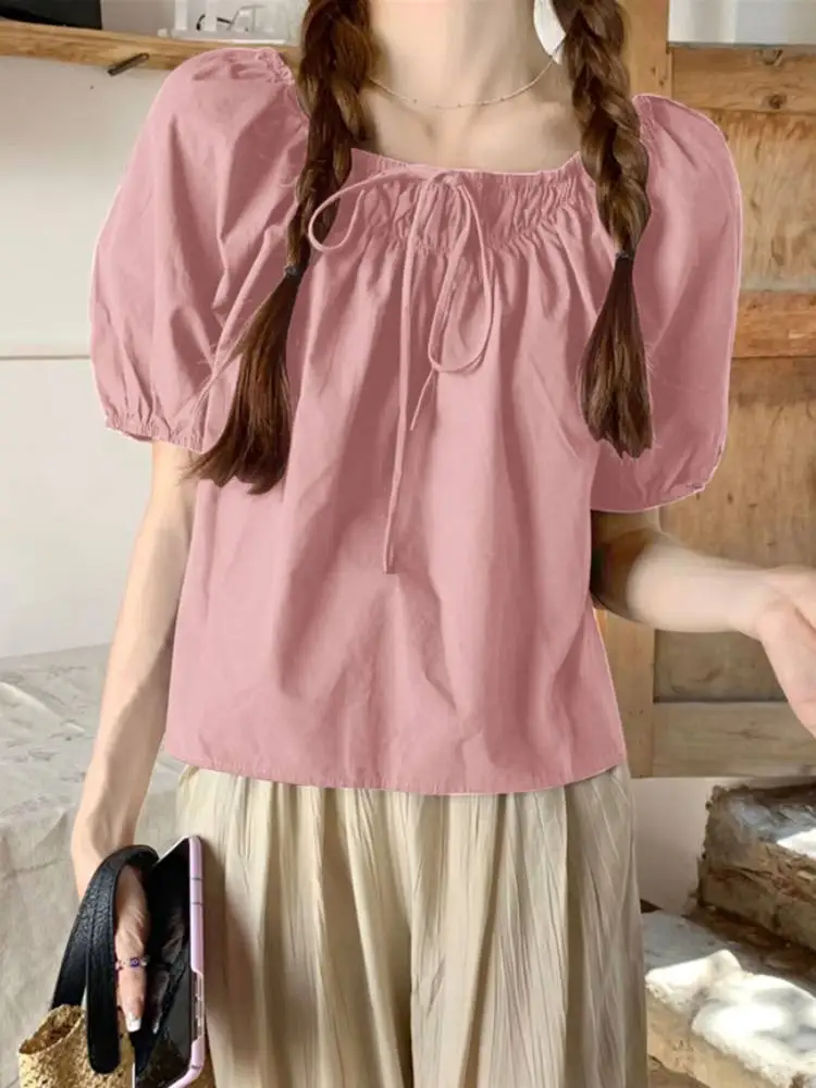 VONDA 2024 Summer Women Fashion Blouses Elegant Shirts Round Neck Short Puff Sleeve Tunic Tops Casual Loose Blusas Femininas