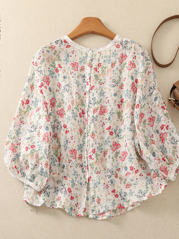 Kwiatowy Wzór Lniana Koszula Damska Jednoramienna Duży Rozmiar Artystyczna Elegancka Casualowa Bluzka Wygodna Oddychająca Letnia Bluzka