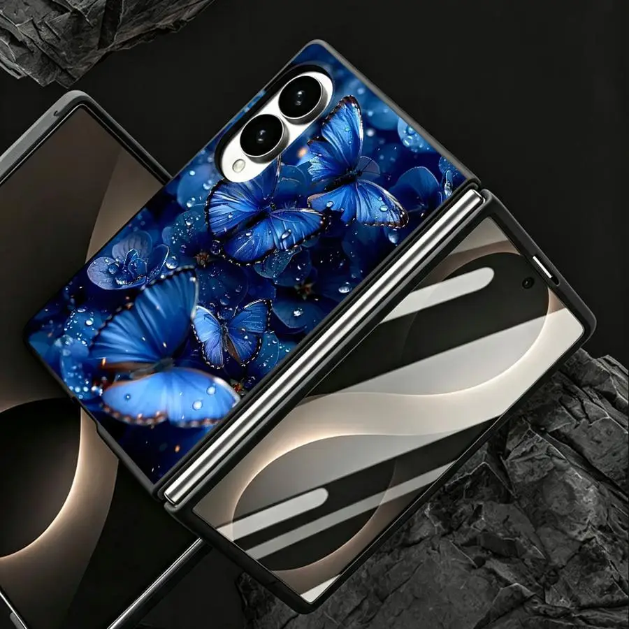 Luxury Phone Cover Case for Samsung Galaxy Z Fold 8 ZFold8 Z Fold8 Wide ZFold Wide Blue Butterflies With Dew