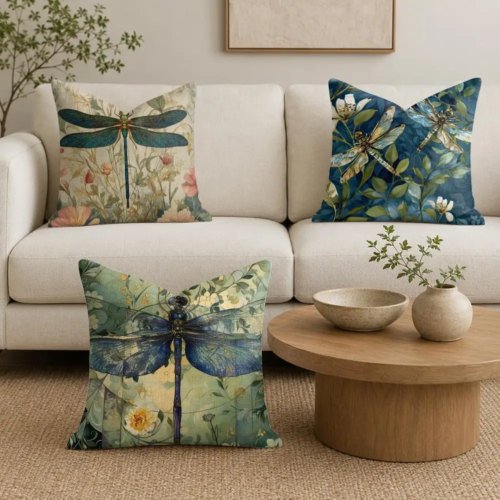 Dragonfly Lotus Cushion Cover Organic Linen Throw Pillow Cover - Double-Sided Print Breathable Cushion Case Home Decor