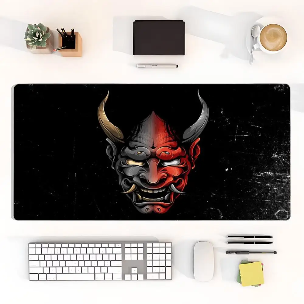 Red Oni Mask Desk Mat Dark Japanese Style Premium Bound Edge Large Size Anti-Slip Keyboard Pad for Laptop