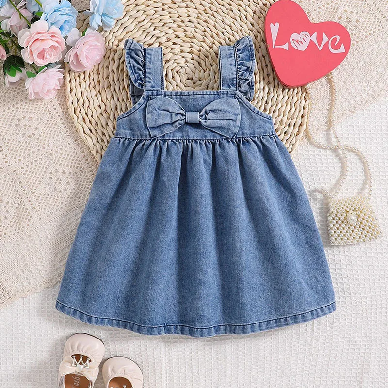 2024 New Summer Girl\'s Denim Suspenders Dress Kid\'s Sweet Bow Flying Sleeve Princess Dresses Children Outwear Clothes