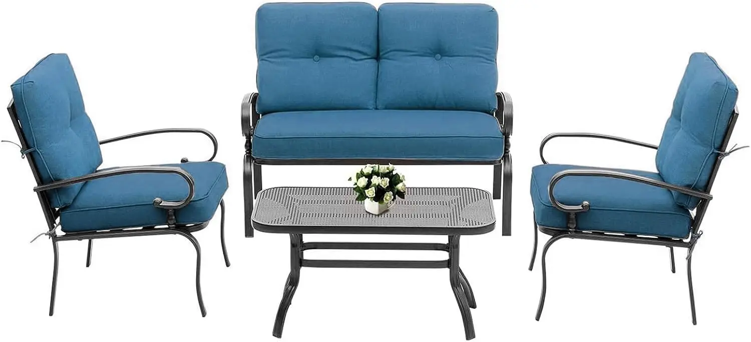 Outdoor Furniture Patio Conversation Sets Loveseat, Motion Spring Chairs with Coffee Table, Metal Frame Chair Set