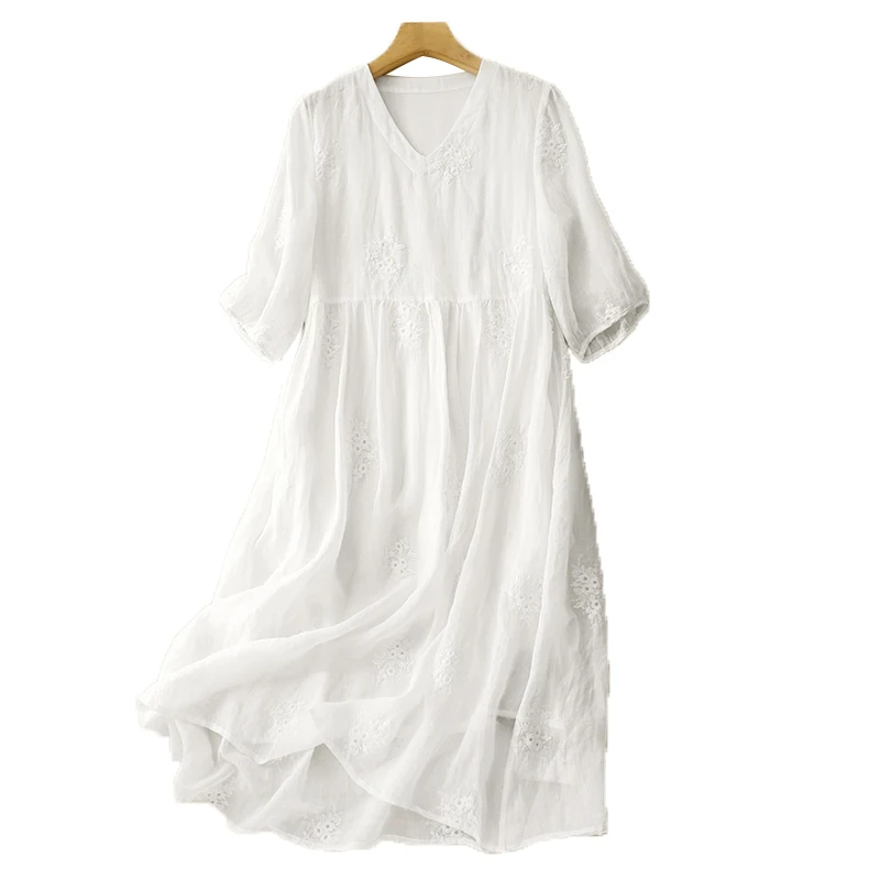 Verão novo v-ne bordado linho dupla camada longa dr lanterna sve emagrecimento a linha saia de cintura alta commute sle