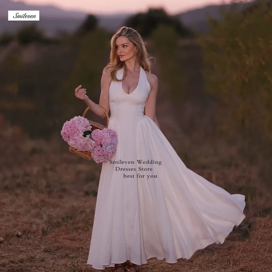 

Smileven Halter V Neck Wedding Dress A Line Satin Strapless Bride Dresses Vestido de novia Pockets Wedding Gowns Customized