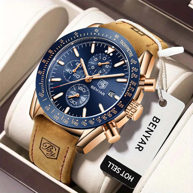 

BENYAR luxury men quartz watch casual waterproof leather Luminous multifunctional timing code dial business Gift men's watch+box