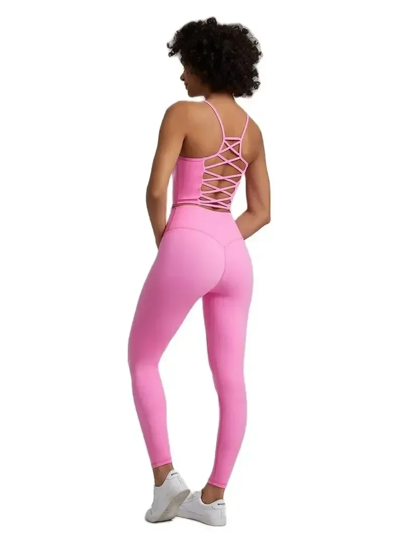 Lemon-conjunto de Yoga para gimnasio, mallas cruzadas en la espalda, sujetador deportivo, traje de 2 piezas, entrenamiento integral, Jog, corbata recortada, cuello redondo