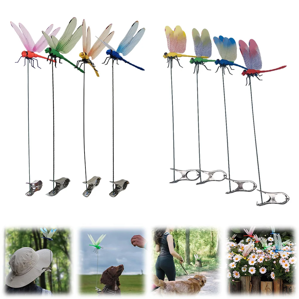 Clip de inserción de libélula simulada, resistente al desgaste, repelente de insectos, abrazadera de libélula, Clips de sombrero artificiales 3D para decoración de Patio y jardinería, 4 Uds.