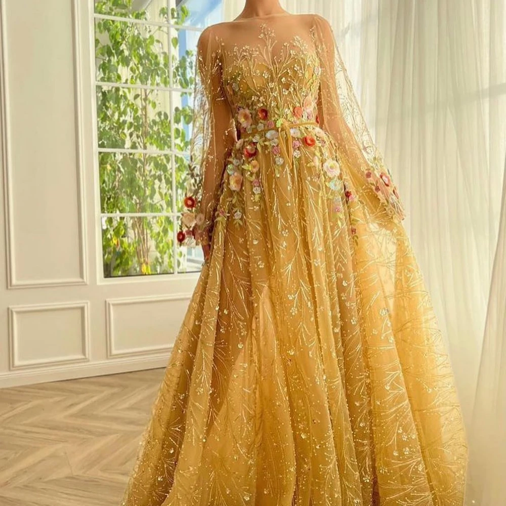 

Jiayigong Tulle Sequined Flower Beading Ruched A-line High Collar Bespoke Occasion Gown Long Dresses