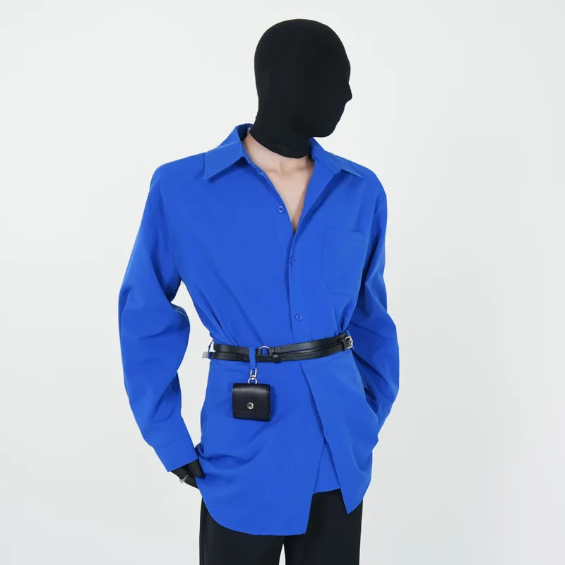 WVGA Spring Autumn New Man Tide Two Pieces Set Trendy Shirts Niche Chic Casual Belt Skirt Style Turn-Down Collar Tops Ins W14723
