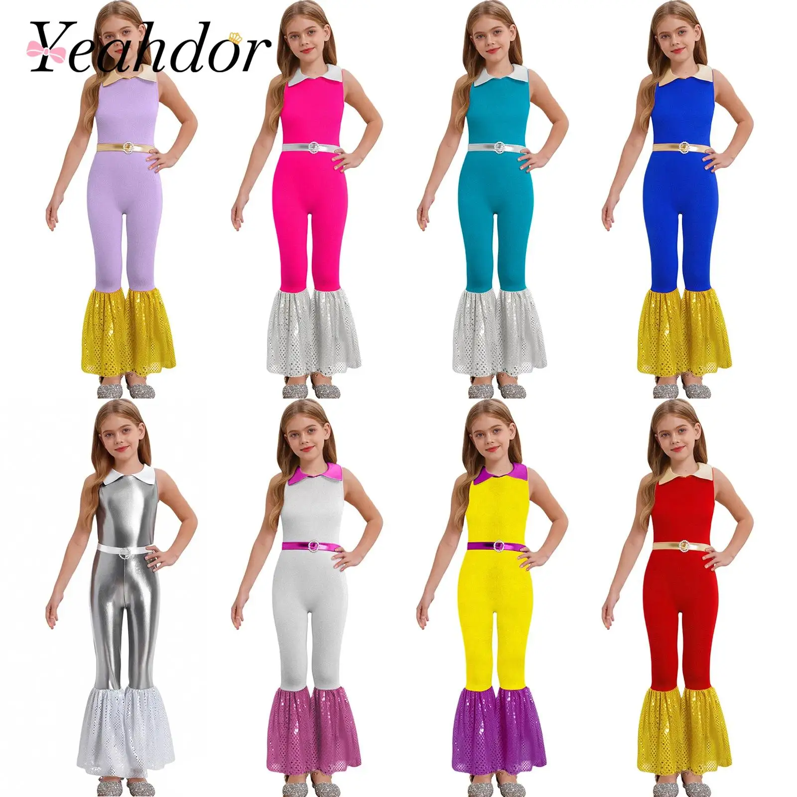 Kids Girls Hippie Costume Bell-Bottomed Jumpsuit 60s Disco Dance Leotard Vintage Party Performance Clothes Sleeveless Bodysuit