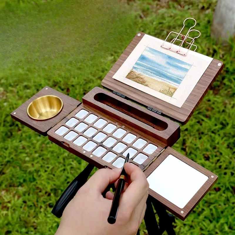 Wooden 24 Grid Watercolor Paint Box Art Students' Painting Creation Outdoor Sketching Doodle Coloring Portable Watercolor Box