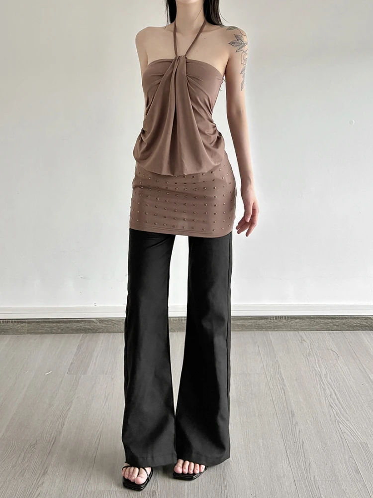 Neck-mounted Mini Dress For Women Streetwear Sequins Vestidos De Mujer Sleeveless One Piece Y2k Clothes Slim Fit Summer Outfits