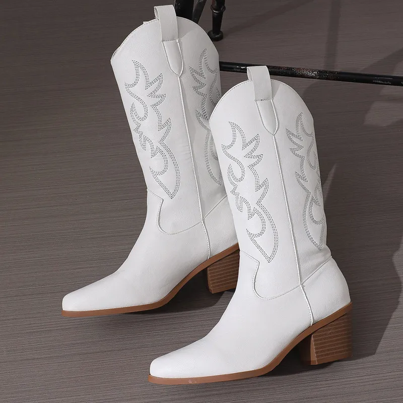 

Ethnic Cowboy Boots For Ladies Solid Color White Pointed Toe Square High Heel Female Knight Boots New Designer Luxury Shoes Cool