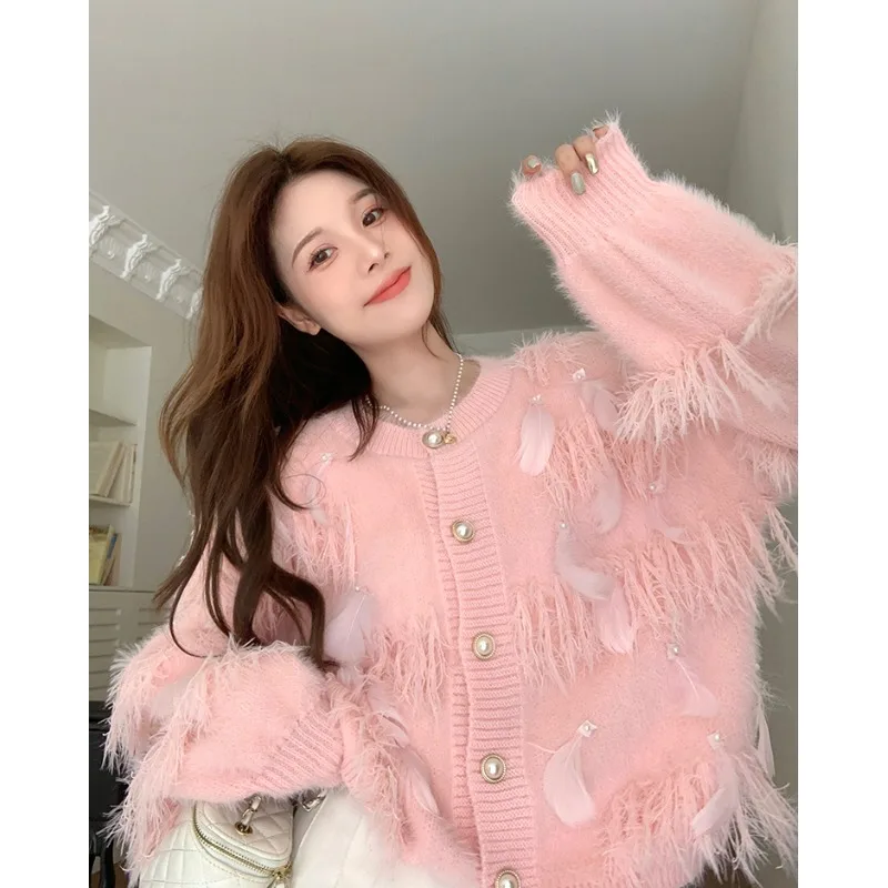 Loose Women Cardigans Autumn Sweet Tassel Feather Solid Female Knitted Sweater Fashion Casual Short Single Breasted Outerwear