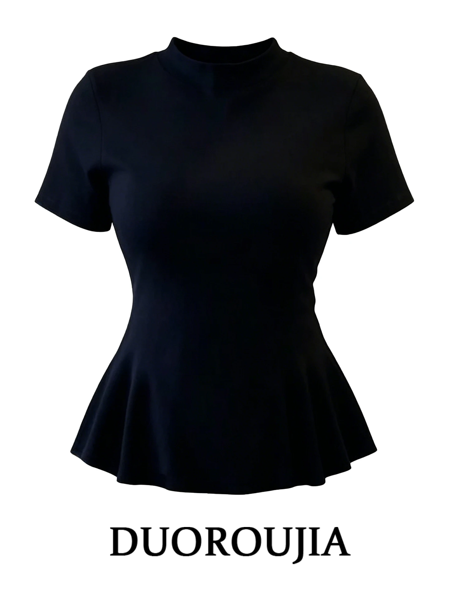 

Slim Fit Black T-Shirt Women's Summer plus Size Top Stand Collar Short Sleeve Waist Cinched High Waist Commute Style Printed