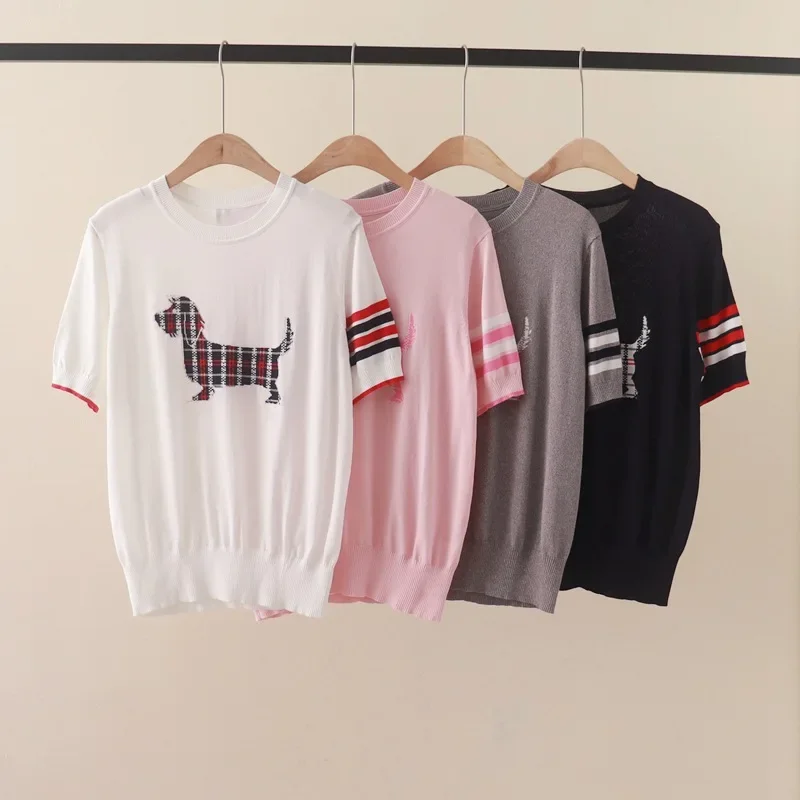 

Summer T-Shirt For Women crochet Knit Casual Loose Four Striped Tee Short Sleeves Sweet Dog Pulls Camis Tank