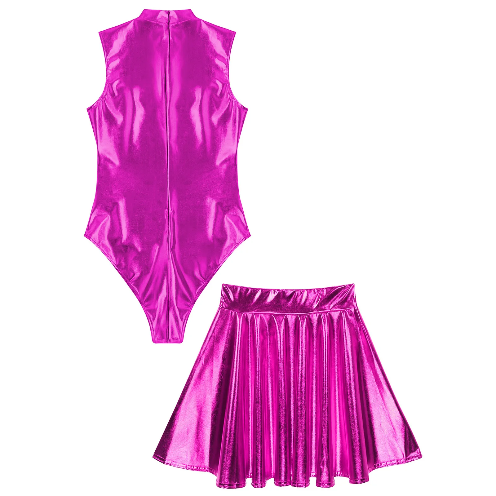 Costume da bagno sexy a due pezzi da donna, costume da spettacolo in discoteca, body metallizzato senza maniche con gonne, costume sportivo da spiaggia