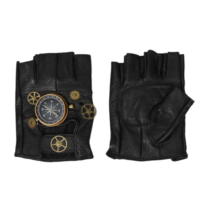 Punk Gloves with Elegant Gears Gentlemen Half Finger Gloves Sheepskin Accessories for Male Female Stage