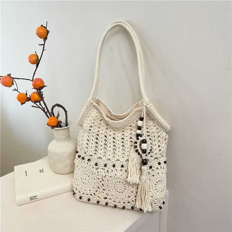 

Fringed Cotton Thread Shoulder Bag, Boho Hollow Tassel Woven Straw Tote, Summer Beach Bag, Women's Shopping Handbag Purse