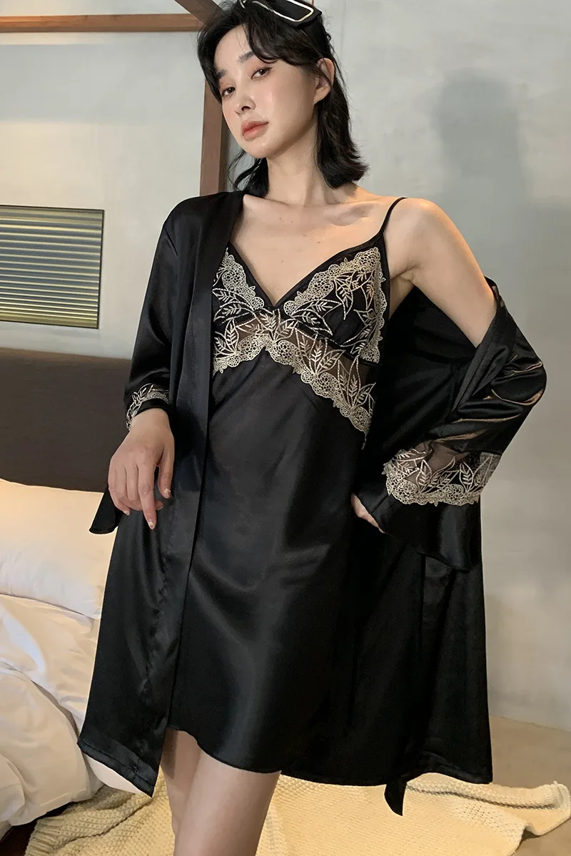 FZSLCYIYI 여름 새틴 Homewear 남자 로브 짧은 세트 Sleepwear 여자 레이스 패치 워크 가운 Nightdress 세트 커플 잠옷