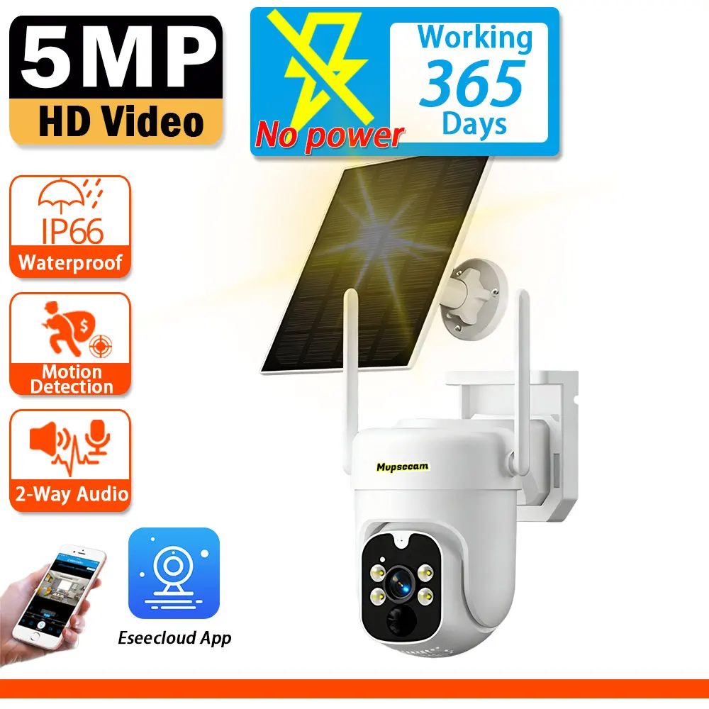 

Solar WIFI IP Camera 5MP PIR Detection Outdoor Security Battery Powered Wireless PTZ Camera P2P 2K Surveillance with Solar Panel