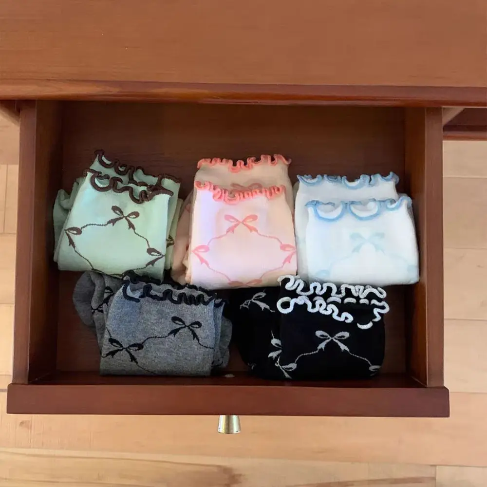 

5Pairs Soft Thin Cotton Ruffle Bow Socks Breathable Ins Style Mid Tube Socks Female Hosiery Lolita Sweet Socks Women Lady