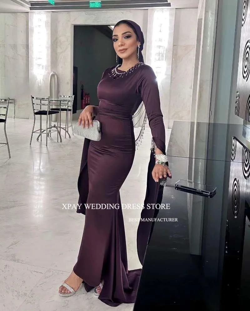 XPAY Muslim Arabic Women Purple Mermaid Evening Dresses Long Sleeves Jewel Neck Silk Satin Formal Party Prom Gowns Simple