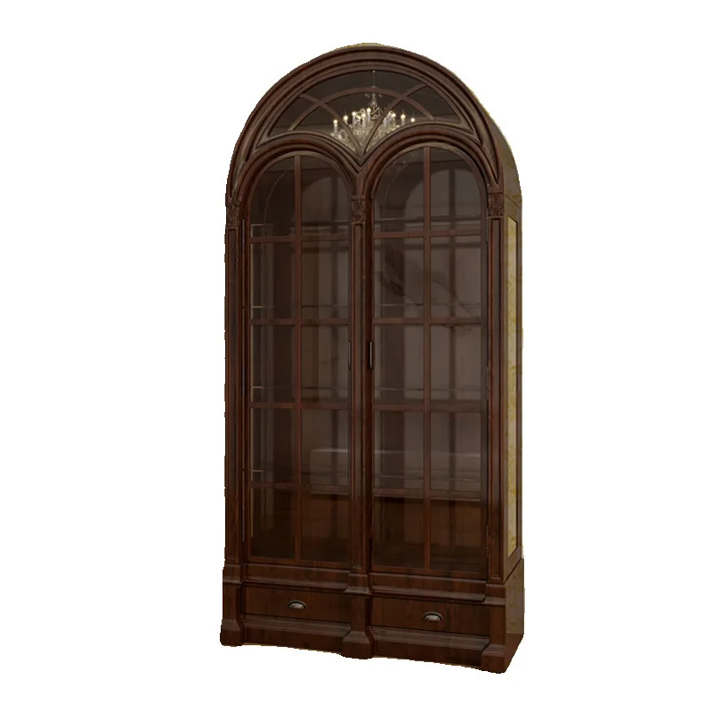 Estante retrô de madeira maciça para sala de estar americana, display contra a parede, prateleira de porta de vidro europeia