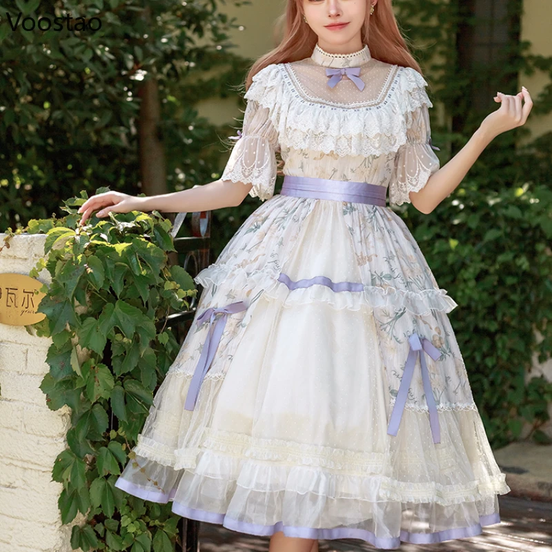 Japanese Sweet Lolita Princess OP Dress Women Victorian Vintage Wedding Party Dresses Girls Elegant Lace Fairy Floral Dresses