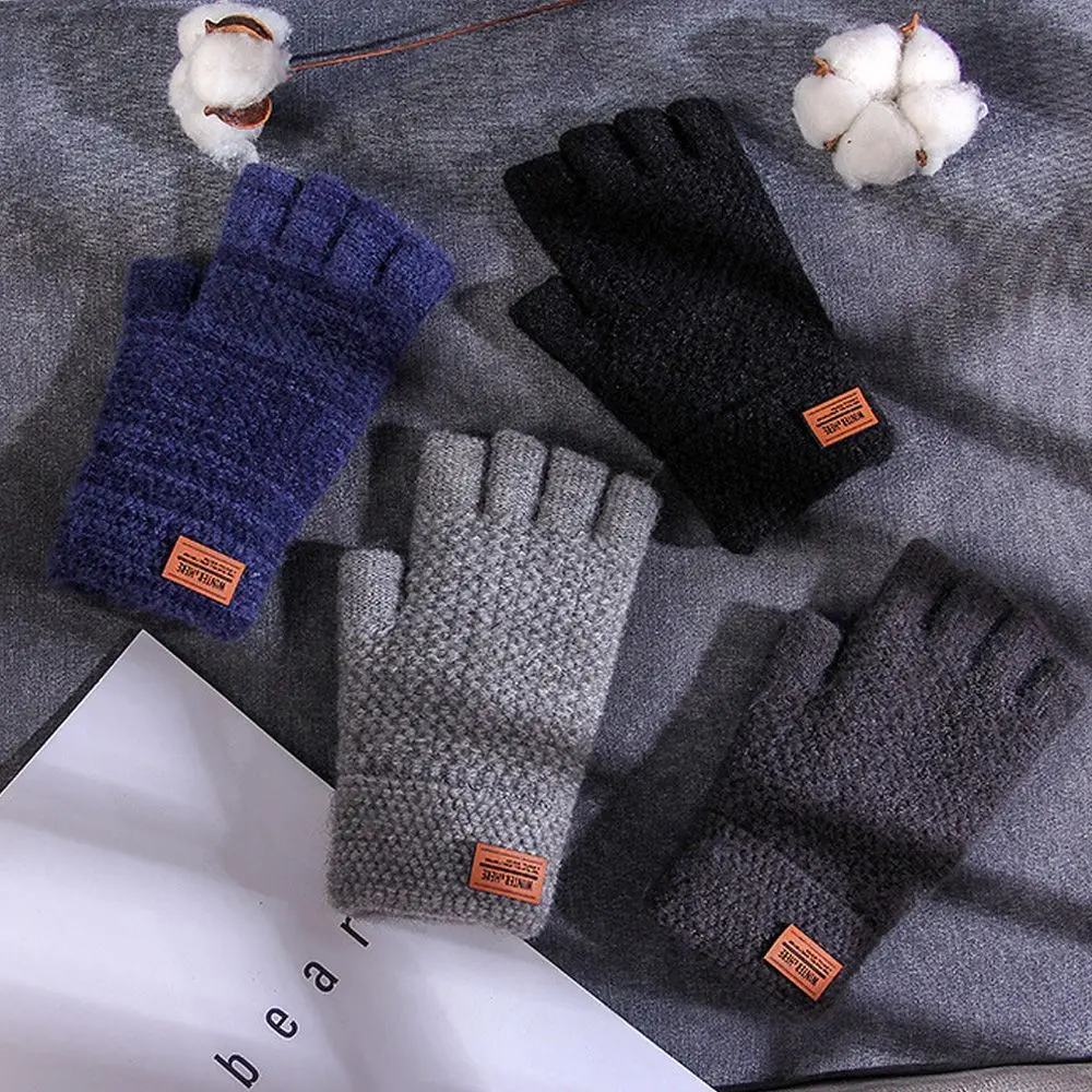 Leather Label Elastic Winter Warm Fingerless Gloves Knitted Alpaca Wool Half Finger Mittens Driving Gloves