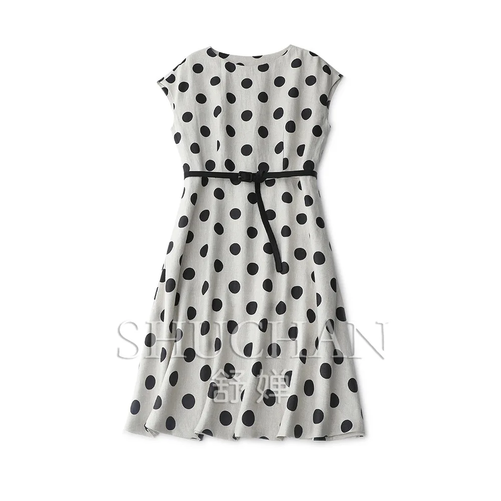 

Summer Twill Primary Color Linen Polka Dot Dress Retro A-shaped Large Loose Skirt French Pastoral Summer Dress Vestidos De Mujer
