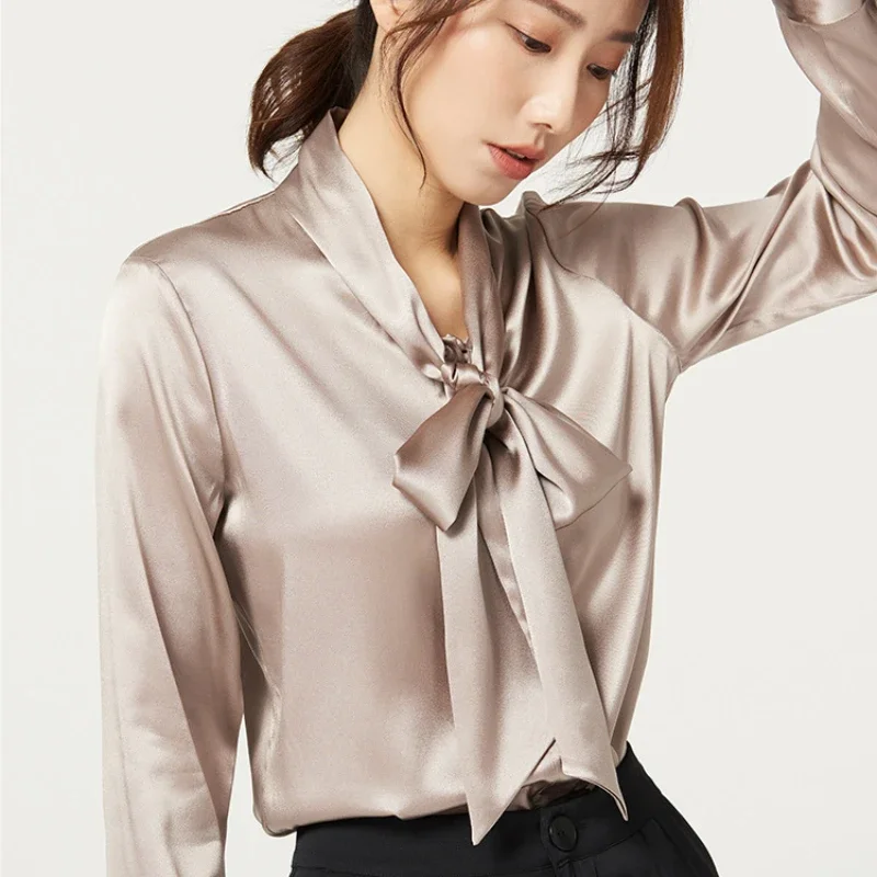 

Heavyweight Mulberry Silk Shirt Women's 2024 Spring And Autumn New Long Sleeve Satin Silk Blouse V-neck Bow Ribbon Shirt