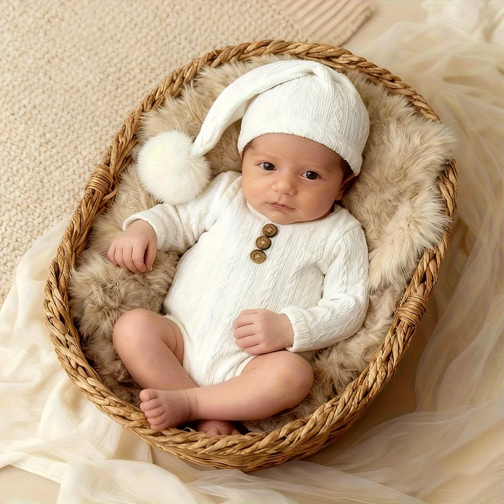 Newborn Photography Props Romper Long Tail Hat Set Soft Knitted Baby Jumpsuit Outfit Infant Photo Shoot Skin-friendly Costume