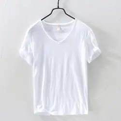 2023 Summer New 100% Cotton White T-shirt Male V-neck Solid Color Casual T Shirt Basic Tees Plus Size 3XL Short Sleeve Tops