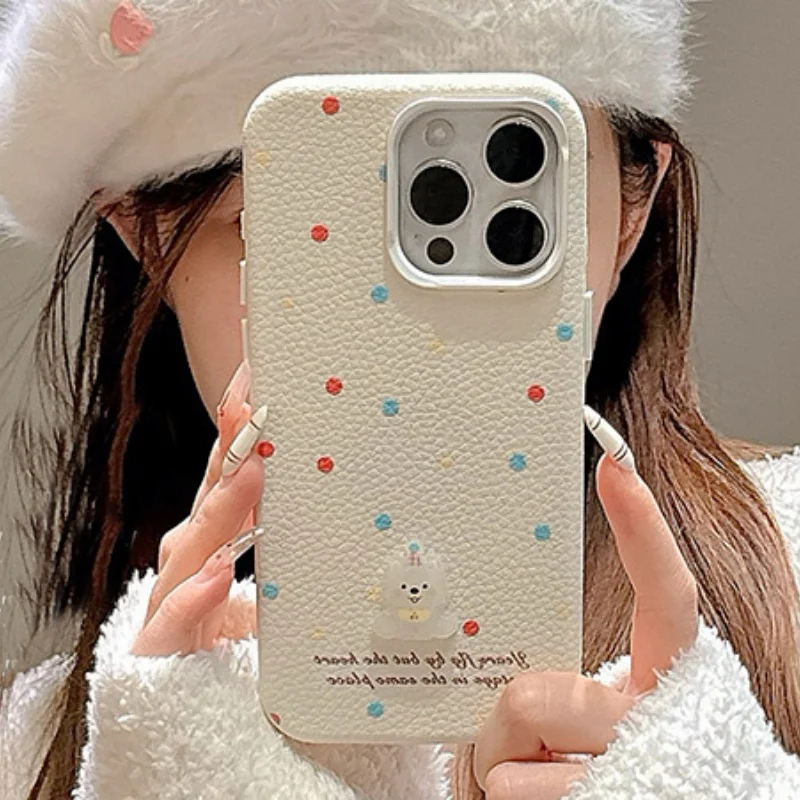 Korean Cute 3D Lychee Pattern Colored Polka Dot Dog Letters Phone Case For iPhone 16 15 14 13 Pro Max Protective Back Cover Girl