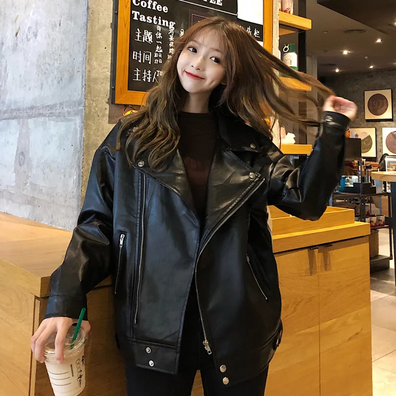 

Nice Autumn Women Black Slim Cool Lady PU Leather Jackets Sweet Female Zipper Faux Femme Outwear Coat Loose Leather jacket A352
