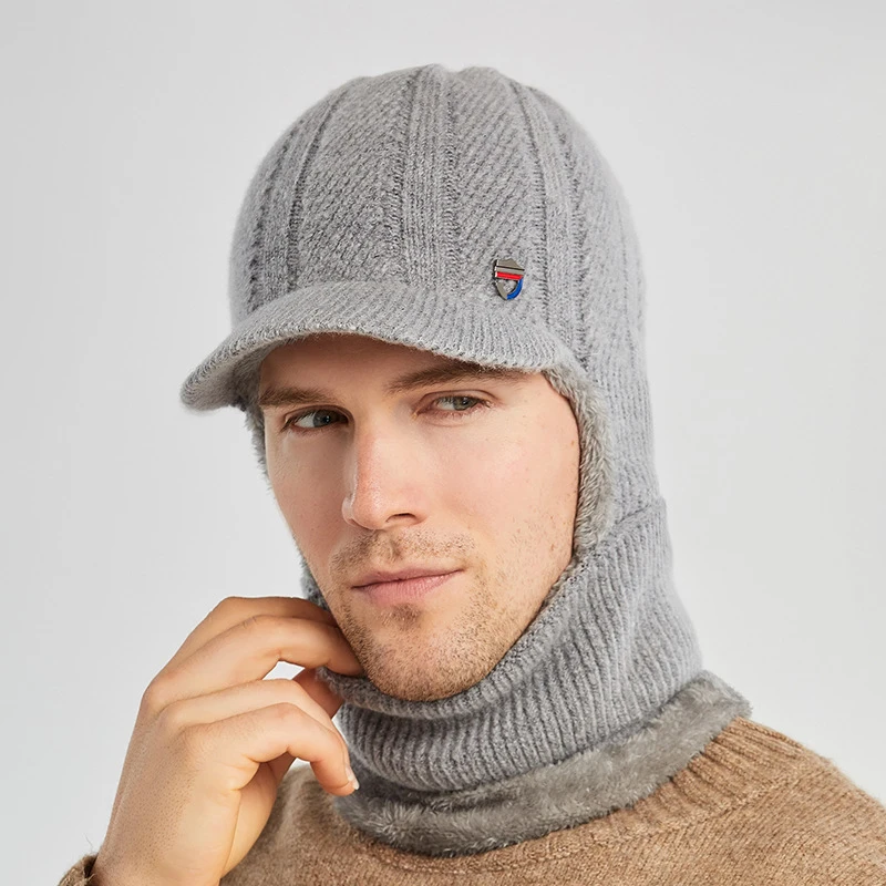 Men\'s Winter Keep Warm Earflap Hat with Neck Gaiter Mask Fleece Lining Scarf & Knitted Baseball Cap Woolen Yarn One-piece Hoodie