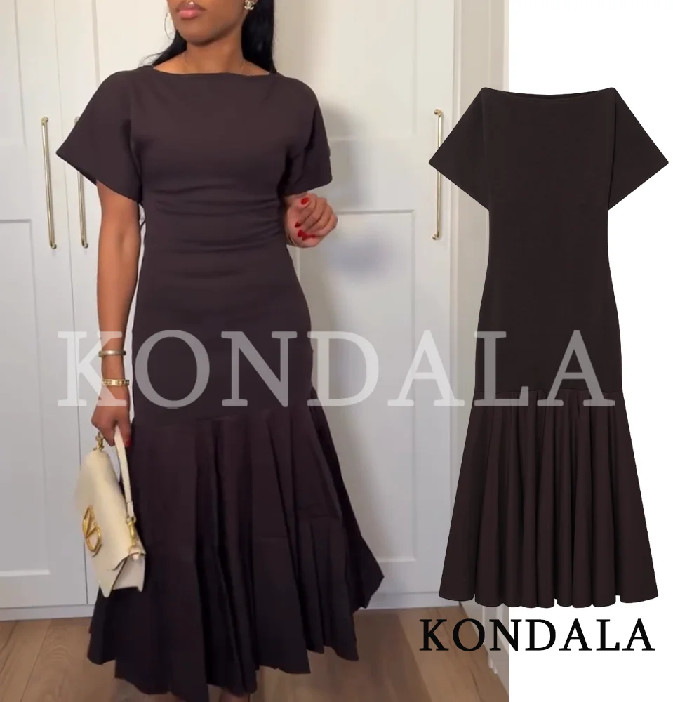 KONDALA Vintage Bootkraag Lange Jurk Dames Elegante Casual Geplooide Jurk Nieuwe 2026 Lente Zomer Mode Slanke Jurk