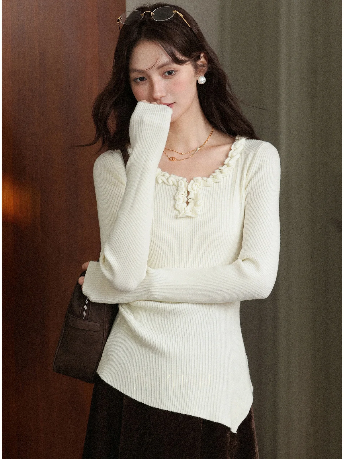 Slim Fit Knitted irt Paris Imprtu Irregular Mink White Ruffle Collar Women's Autumn Faion Casual Color Top