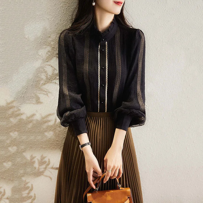 

Blouses Women Shirt Stand Collar Full Sleeve Tops Striped Y2k Streetwear Elegant Splice Shirts Casual Slim Fit Top 2025 Autumn