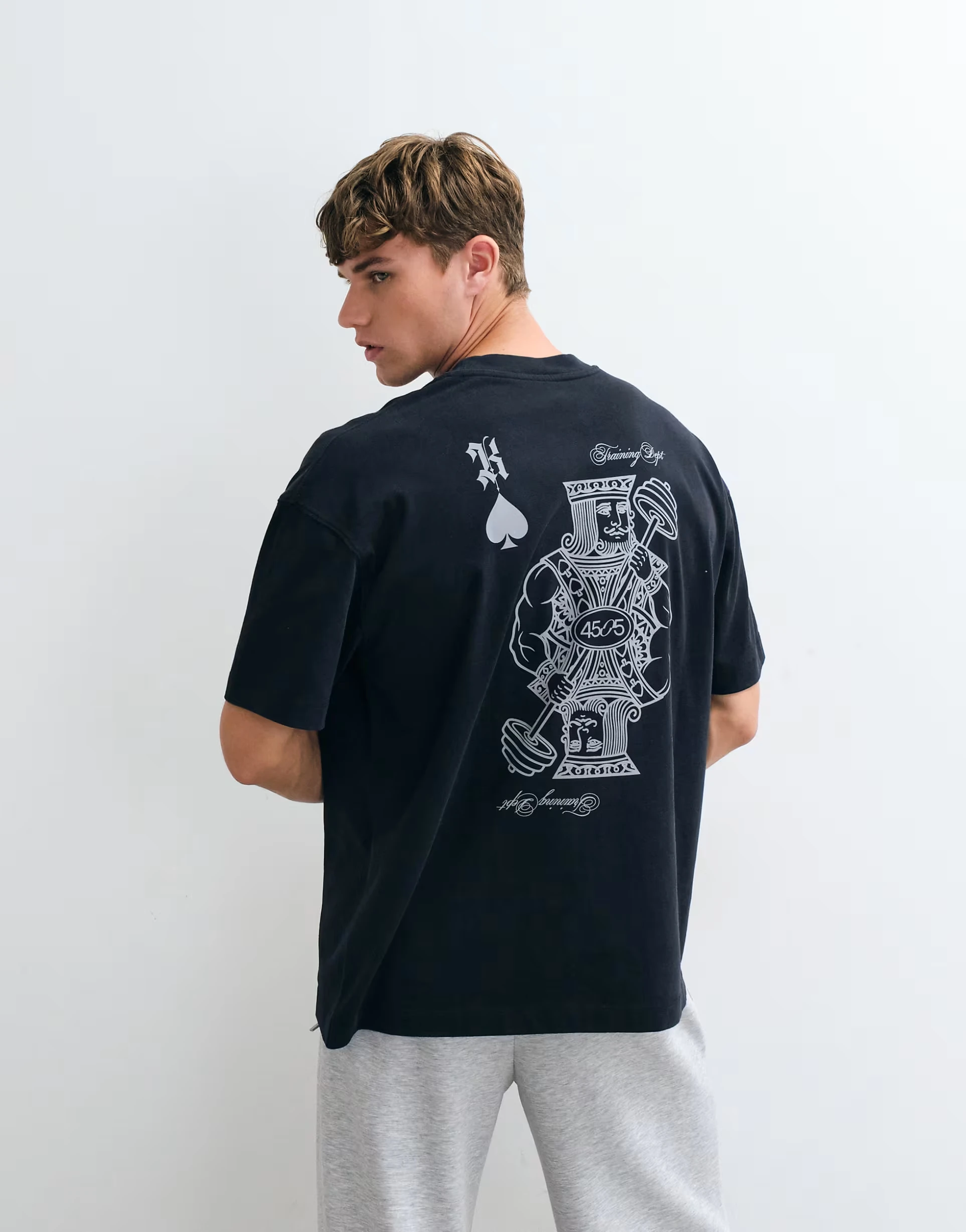 2026 New Vintage Poker King Dumbbell Back Print Mens Oversized Black Street Tshirt