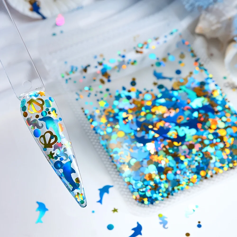 5g Summer Ocean Nail Glitter, Dolphin Seahorse Underwater Element Sequins, Dreamy Nail Art Decoration Material Bag
