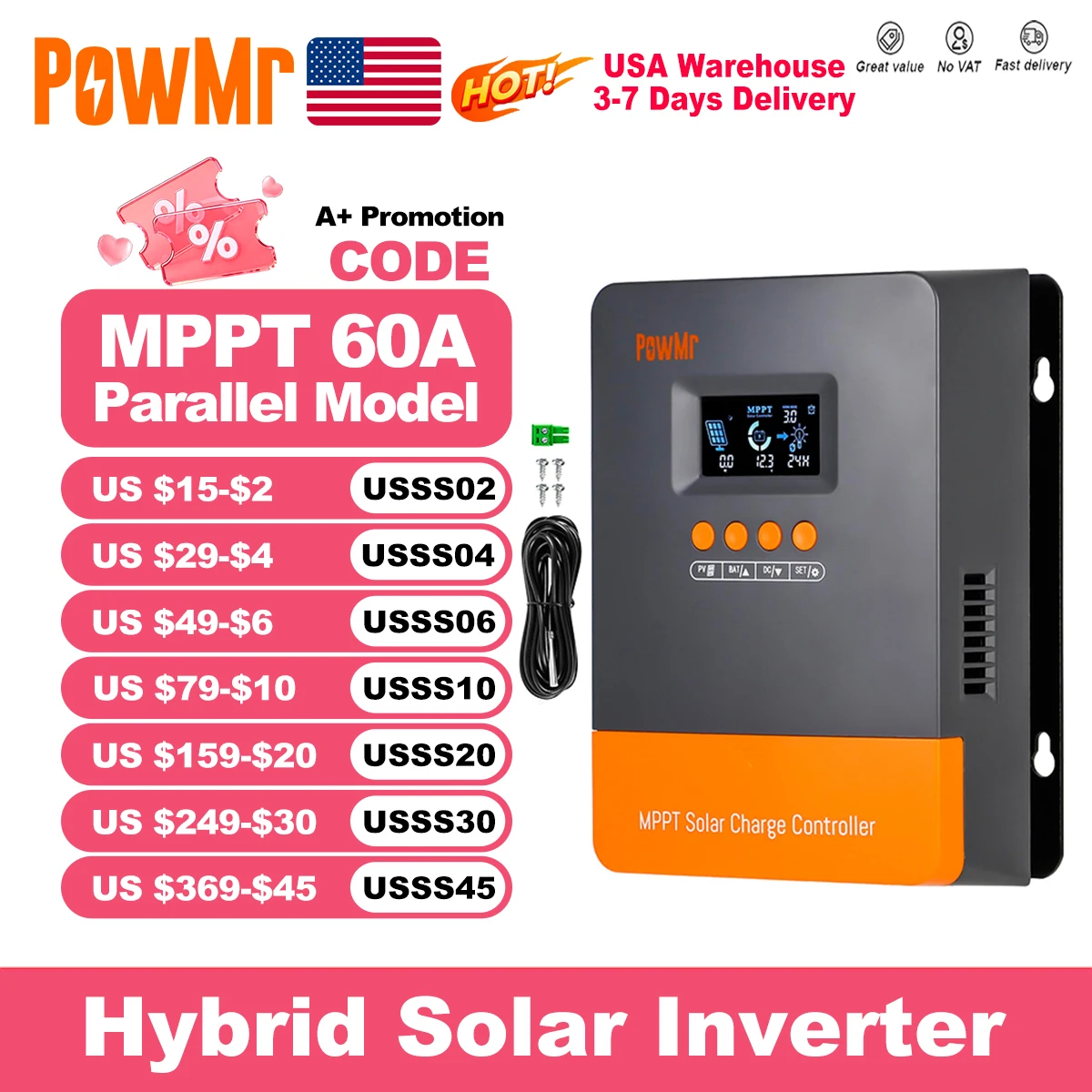 

PowMr MPPT 60A Solar Charger Controller Blacklight LCD Regulator Max PV Input 160VDC Support 12V 24V 36V 48V Lithium battery