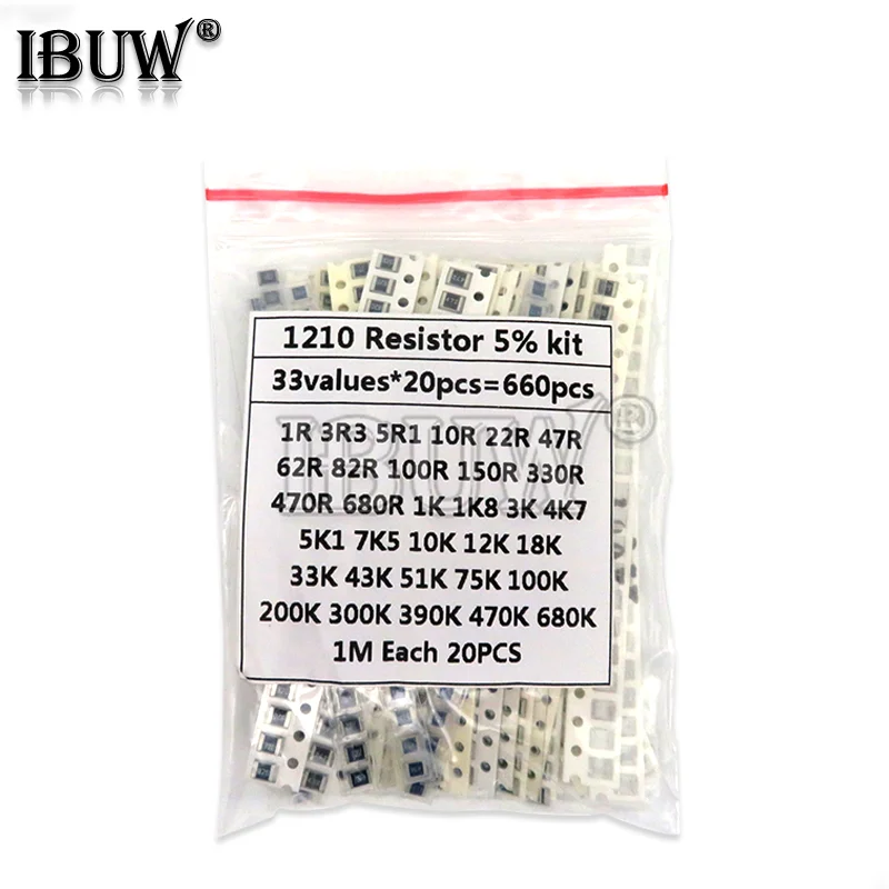 1210 SMD Resistor Kit Assorted Kit 1ohm-1M ohm hjxrhgal 5% 33valuesX 20PCS=660PCS DIY Kit