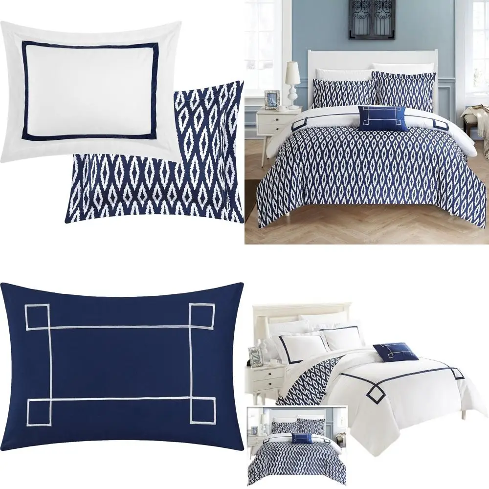 

Kendall 4-Piece Greek Key Embroidery Reversible Queen Duvet Cover Set with Navy Shams & Pillows