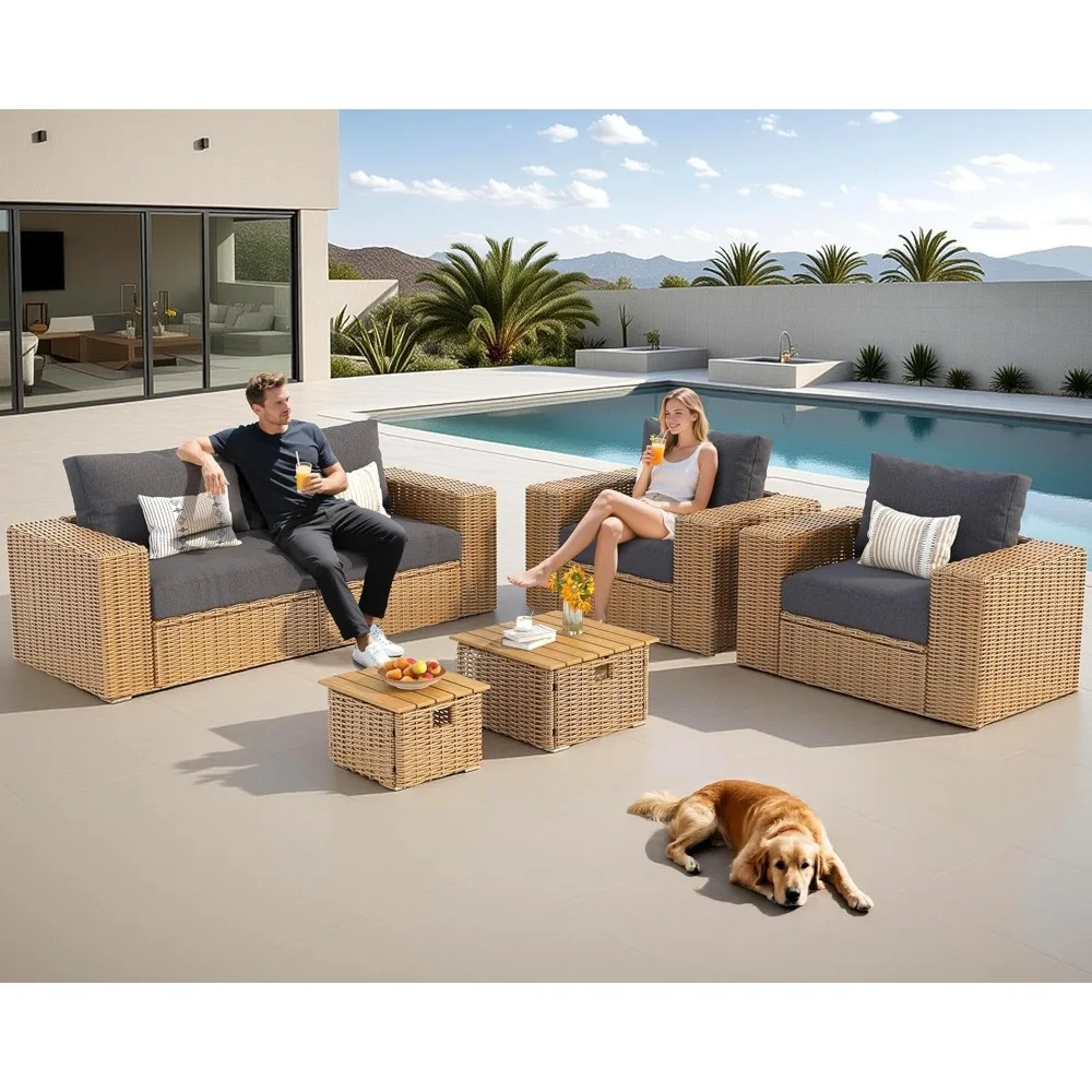 طقم أريكة فناء مكون من 6 قطع مع طاولة قهوة قابلة للتحويل - مساند للذراع واسعة 8.3، محادثة خارجية من الروطان المقاوم للأشعة فوق البنفسجية