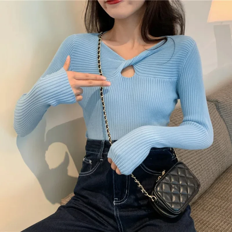 Knitted Base Sweater Women's Cross Low Neck Western-style Slim Fit Versatile Hollowed Out Long Sleeved Inner Top