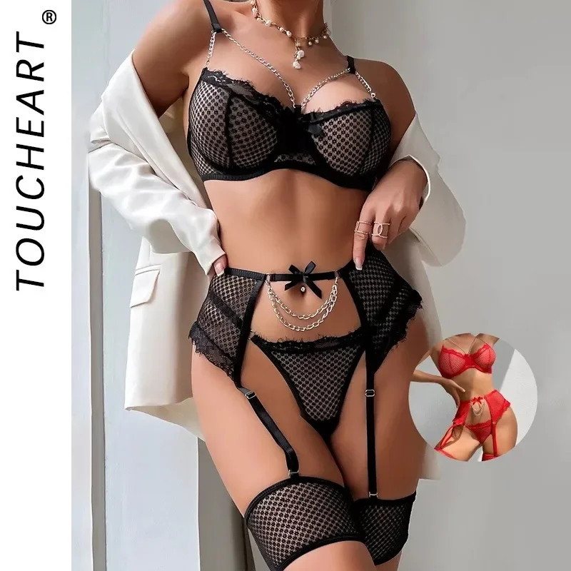 

Toucheart Sexy Lingerie Bra Set Metal Chain Bow Knot Lace Up Garter Belt Set Bodysuit Women Perspective Porn Lace Underwear Set