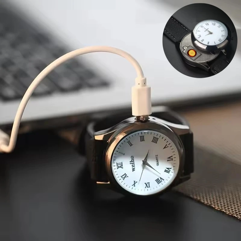 

New Fashion Watch Charging Lighter Metal Watch Windproof Tungsten Wire Windproof Lighter Cigarette Accessories Men's Gift